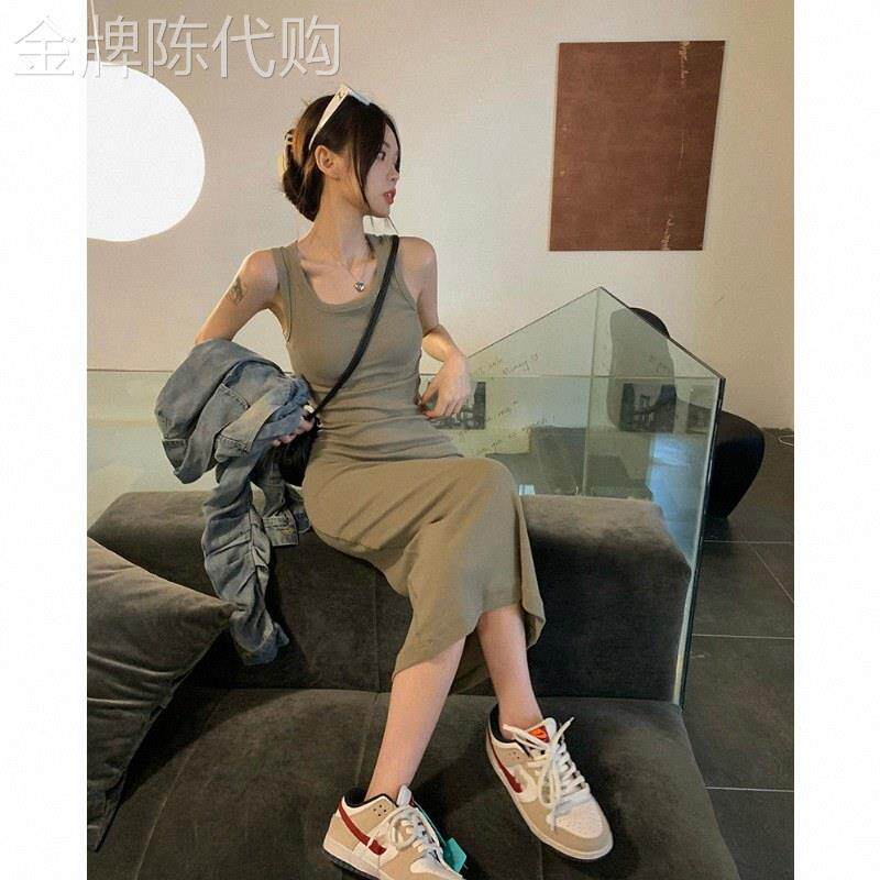 针织吊带裙女春秋欧货修身打底背心连衣裙纯欲辣妹无袖包臀长裙子