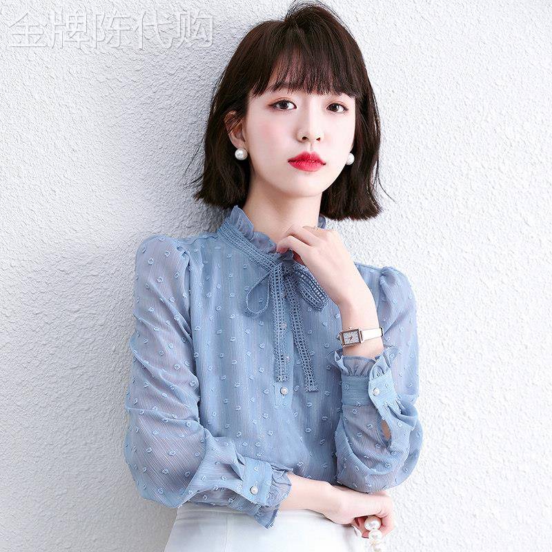 长袖衬衫女春秋新款韩版洋气设计感小众甜美气质泡泡袖雪纺上衣女