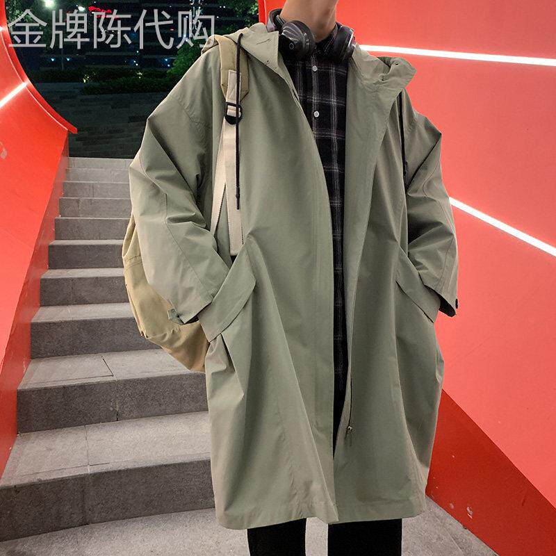 春秋季日系中长版风衣男韩版宽松潮流英伦风大衣休闲夹克连帽外套