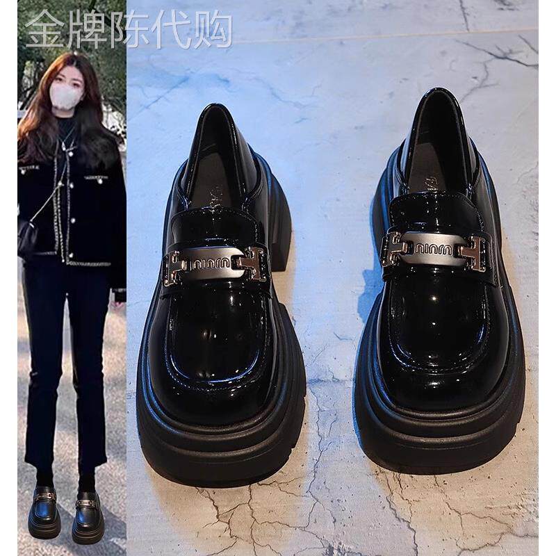 时尚品牌金属扣女式春夏厚底学院风小皮鞋厚跟深口平底鞋