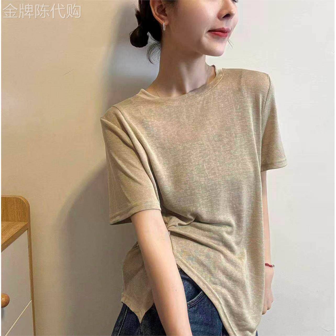 短袖T恤女韩系纯色设计感下摆不规则夏新款薄款百搭显瘦打底上衣