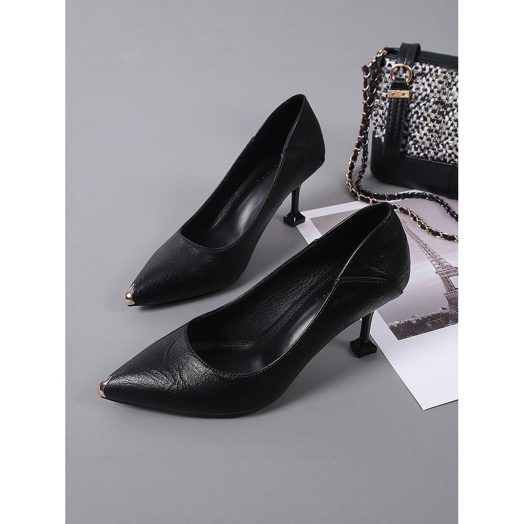 香港真皮浅高跟鞋女式低跟2025春秋季新款细跟多用途中跟工作尖头