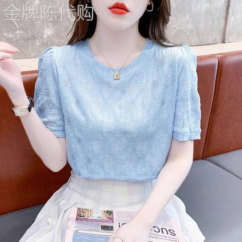 提花短袖t恤女2026夏季新款圆领正肩T恤小个子雪纺衫爆款上衣女