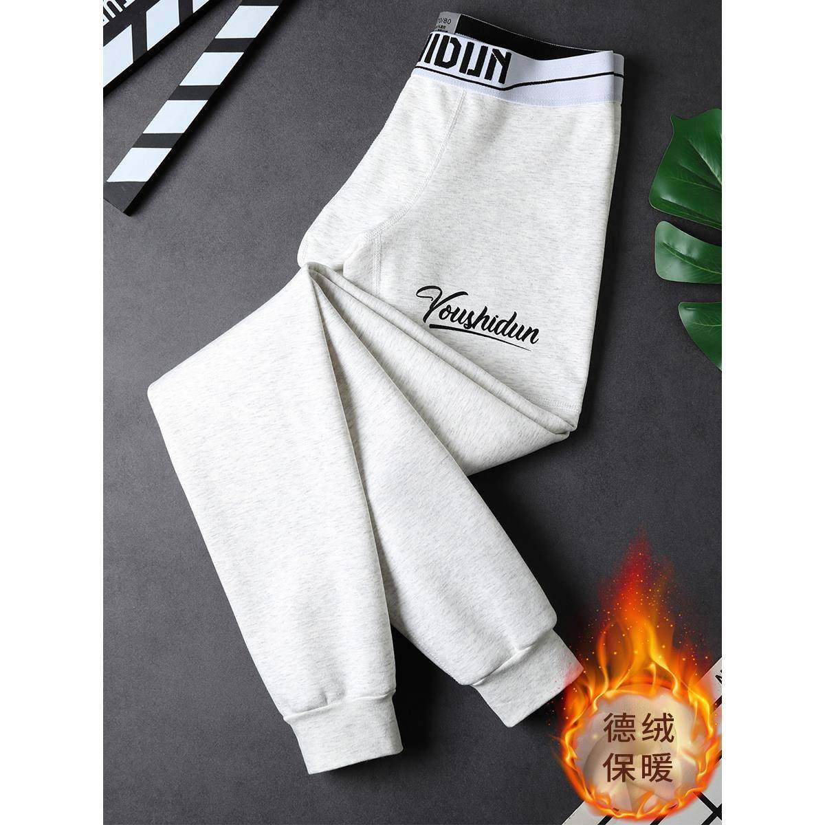 时尚印花纯棉打底裤男士冬季加绒加厚保暖秋裤内穿宽松收口脚线裤