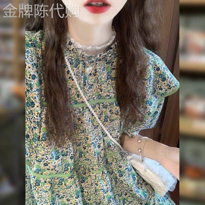 法式碎花圆领短袖衬衫女夏2026新款小众设计别致绝美漂亮气质上衣