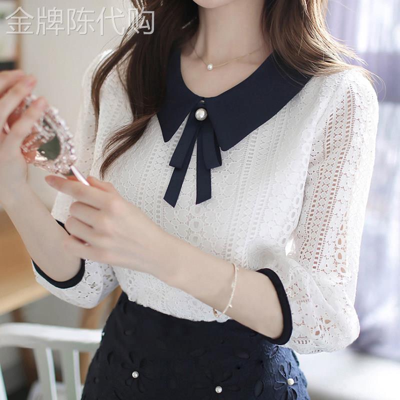蕾丝雪纺衫女短袖夏季2026新款洋气韩版百搭显瘦衬衫娃娃领上衣女