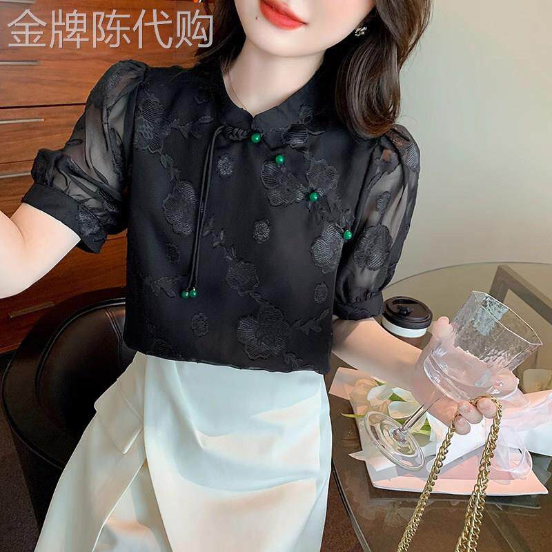 雪纺衬衣女夏季短袖2026新款气质复古时尚斜襟钉珠立领提花上衣潮