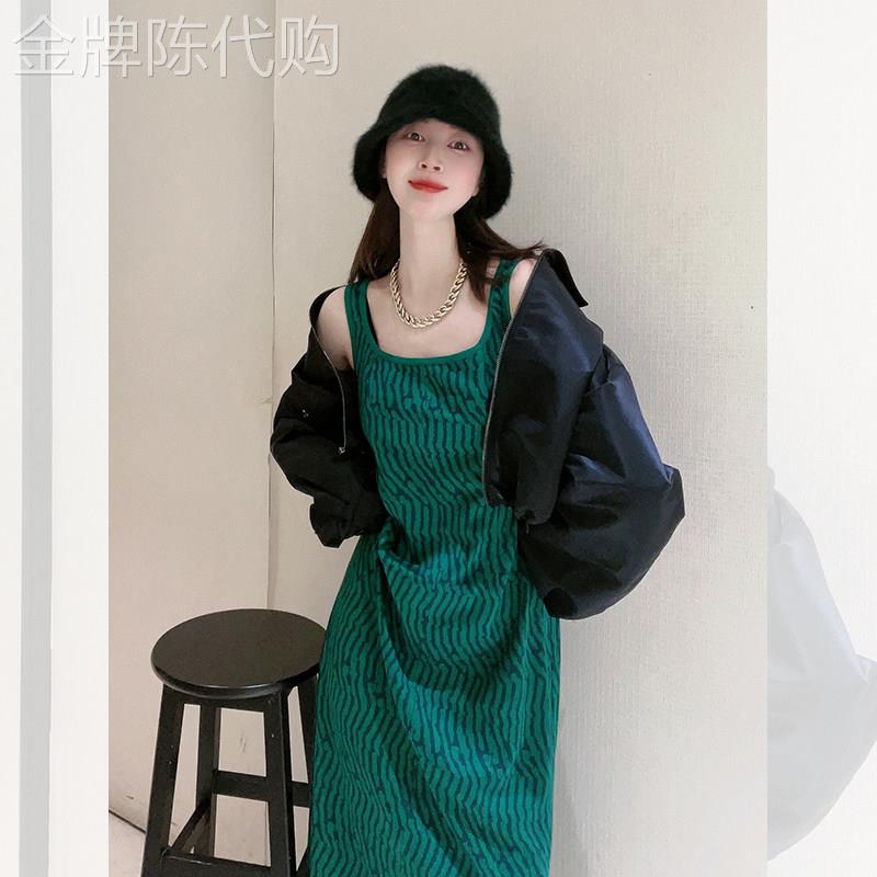 绿色条纹吊带洋装女装夏季2026新款小众设计高级感无袖背心裙子