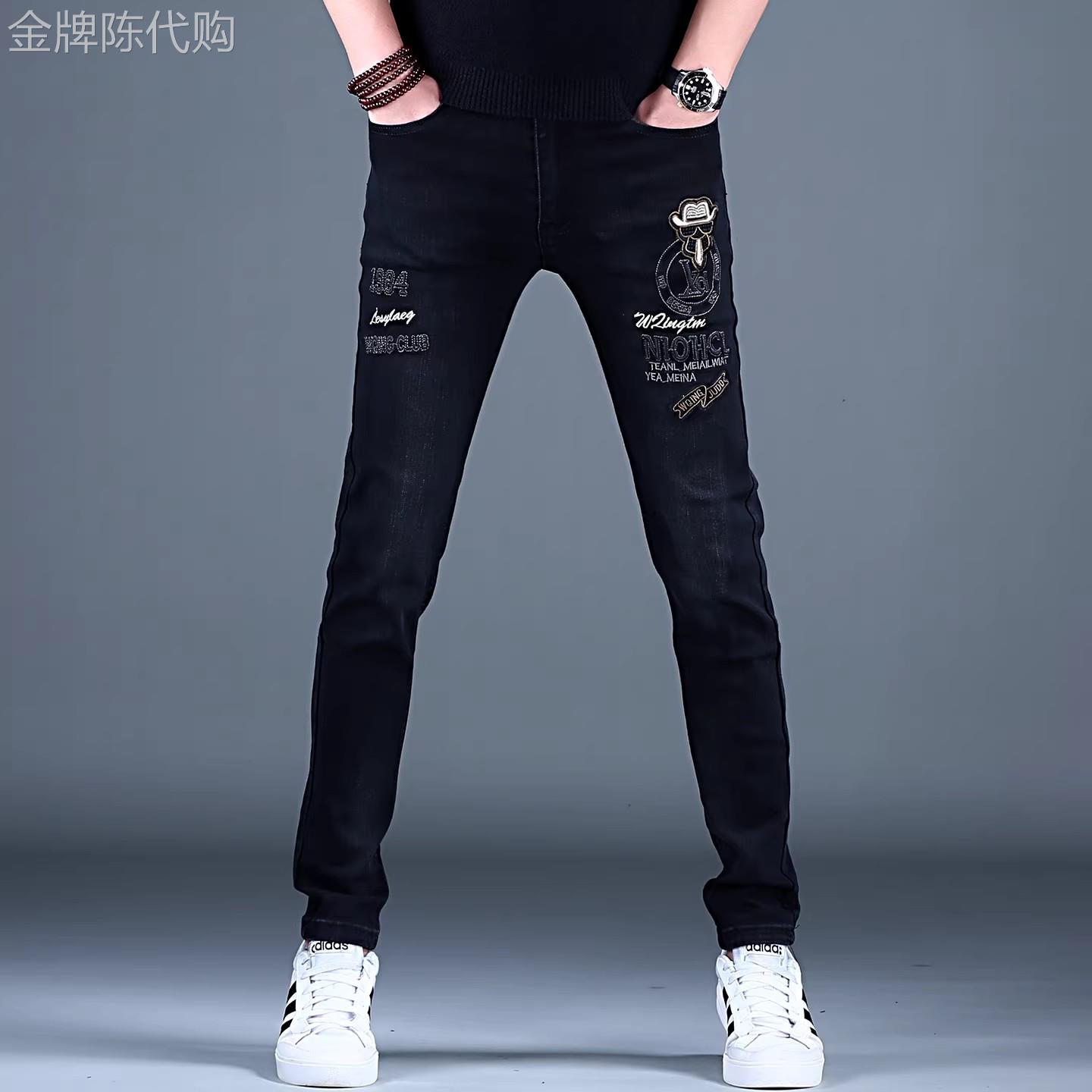 欧洲站高端潮牌烫钻牛仔裤男士修身小脚春季弹力长裤黑色男裤子