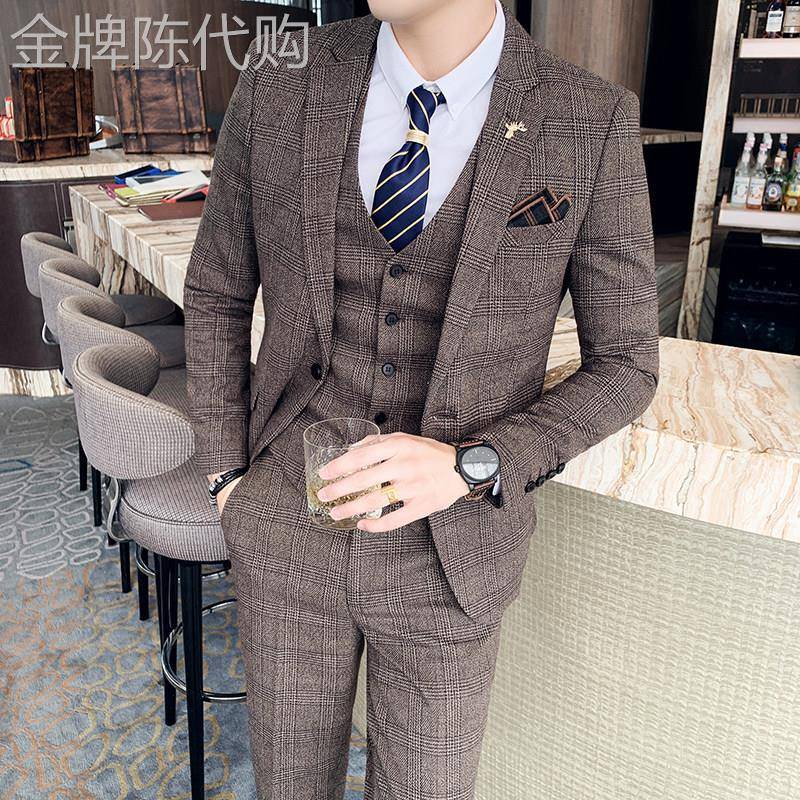 MK正品修身格子西服三件套男韩版潮流新郎主持人礼服高端男士西装