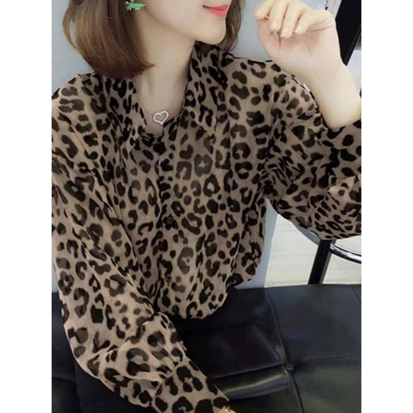 潮牌2025春季新款覆古豹纹小翻领设计感衬衫雪纺宽松衬衣打底衫女