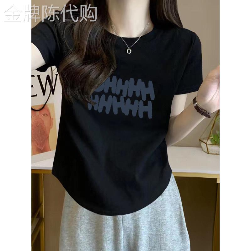 黑色字母印花短袖T恤女士夏季欧货洋派减龄圆弧下摆修身显瘦上衣