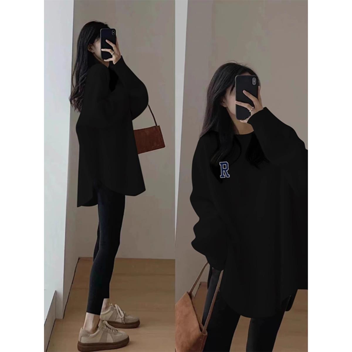 磨毛中长款T恤女春秋遮屁股长袖德绒内搭打底衫搭配鲨鱼裤的上衣