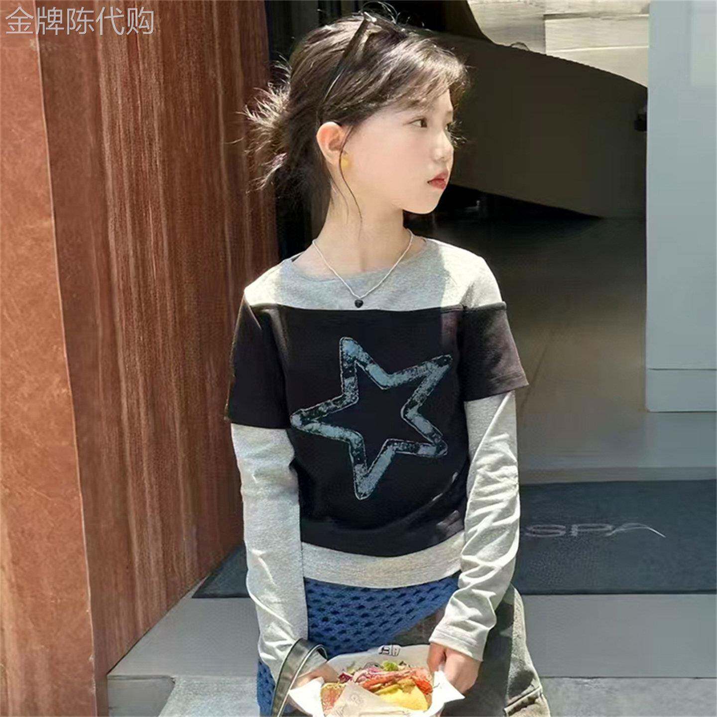 韩国Uamtor女童超好看T恤春秋2026新款韩版大童长袖假两件上衣