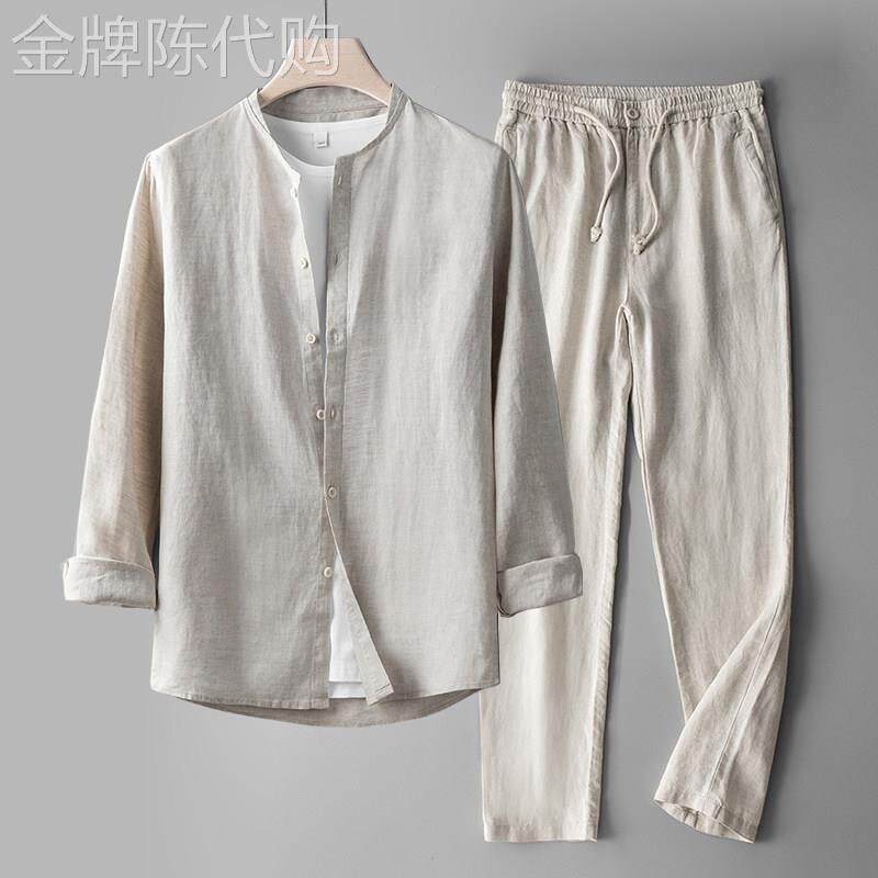 亚麻衬衫男春秋装夏季长袖薄款休闲宽松棉麻衬衣裤子男士亚麻套装