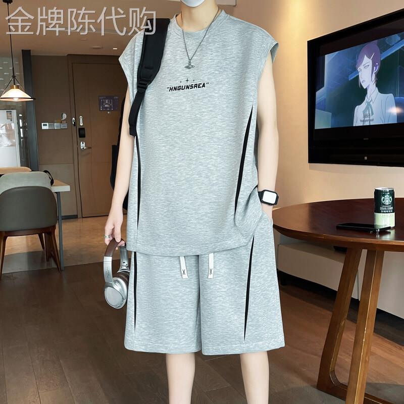 潮牌休闲运动套装男士无袖t恤夏季新款帅气潮流背心短裤两件套潮T