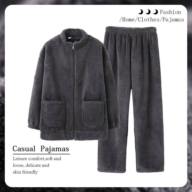 秋冬季加绒加厚法兰绒家居服男士精致刺绣珊瑚绒大码睡衣睡裤套装