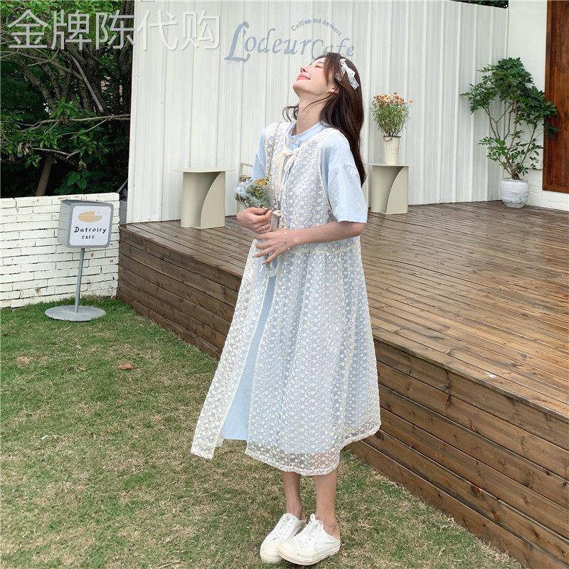 法式蓝色洋装女2026夏季新款遮肚子显瘦孕妇罩衫蕾丝文艺衬衫裙