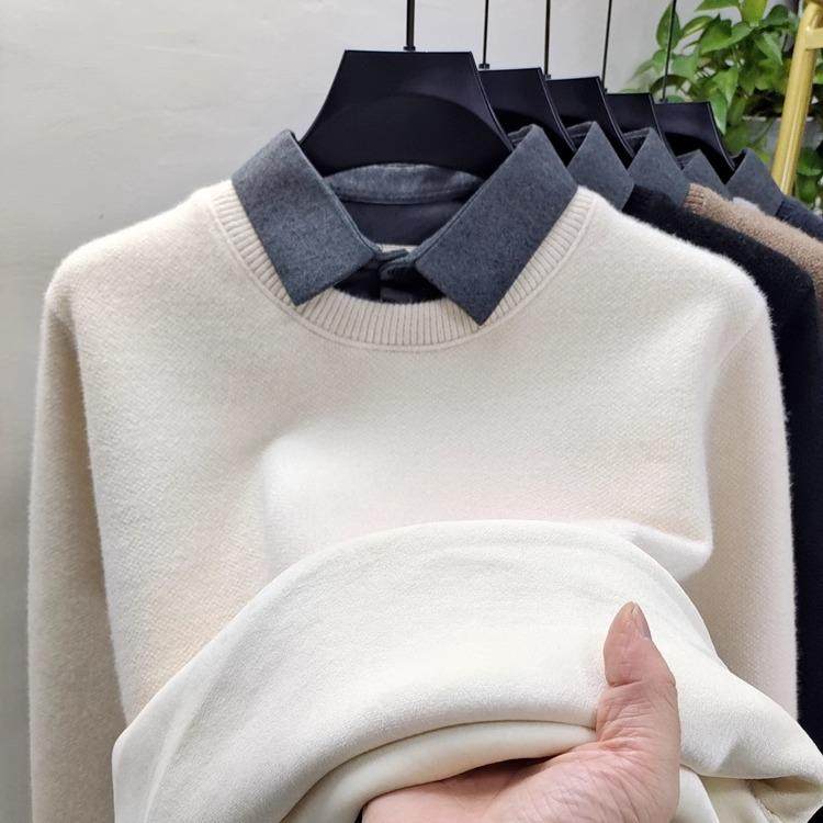 雪尼尔针织打底衫男时尚设计感衬衫领假两件毛衣冬季加绒保暖上衣