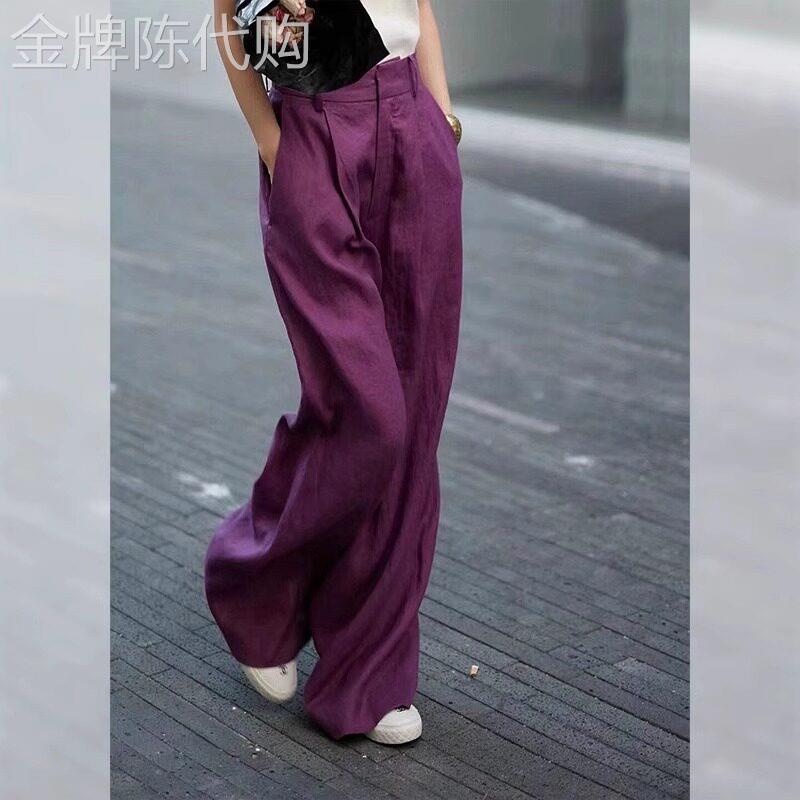 紫色棉麻西装裤女夏季薄款2026新款高腰显瘦小个子拖地休闲宽裤