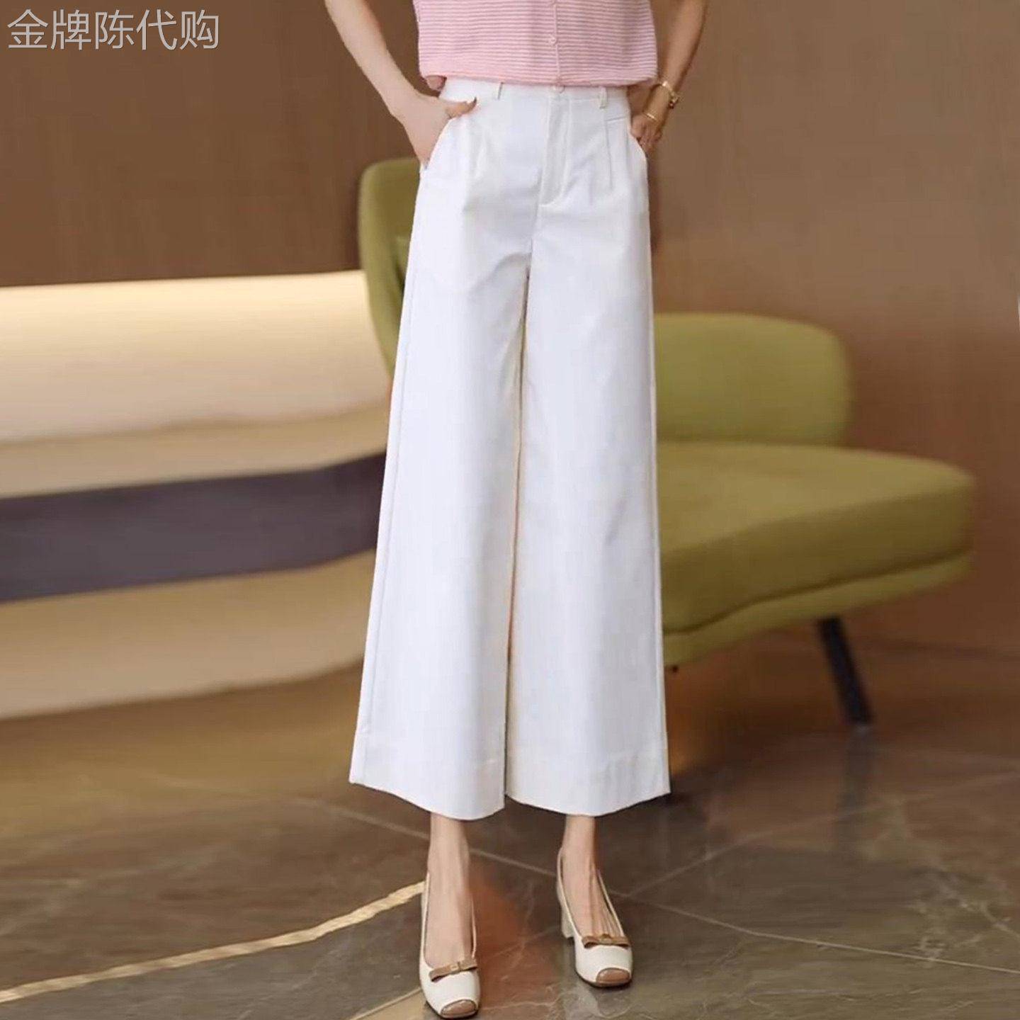 米白色九分裤女春夏季2026新款高腰显瘦阔腿裤小个子松紧腰休闲裤