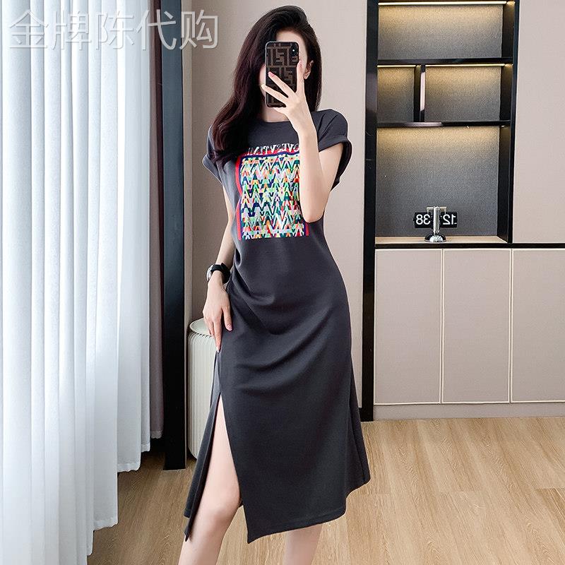 印花短袖洋装女2025夏季新款修身显瘦中长版女士包臀开 叉T恤裙