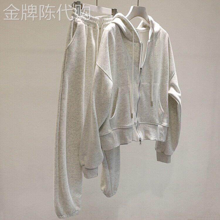 韩国灰色纯棉休闲运动套装女春秋新款设计感小众时髦卫衣两件套潮