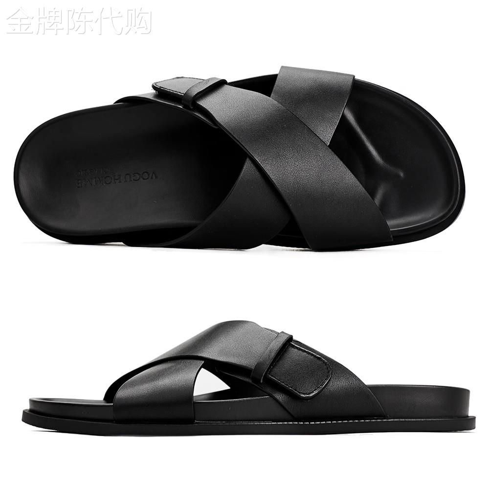 牛皮休闲男士凉拖夏季室外透气真皮潮流沙滩鞋男个性外穿一字拖鞋