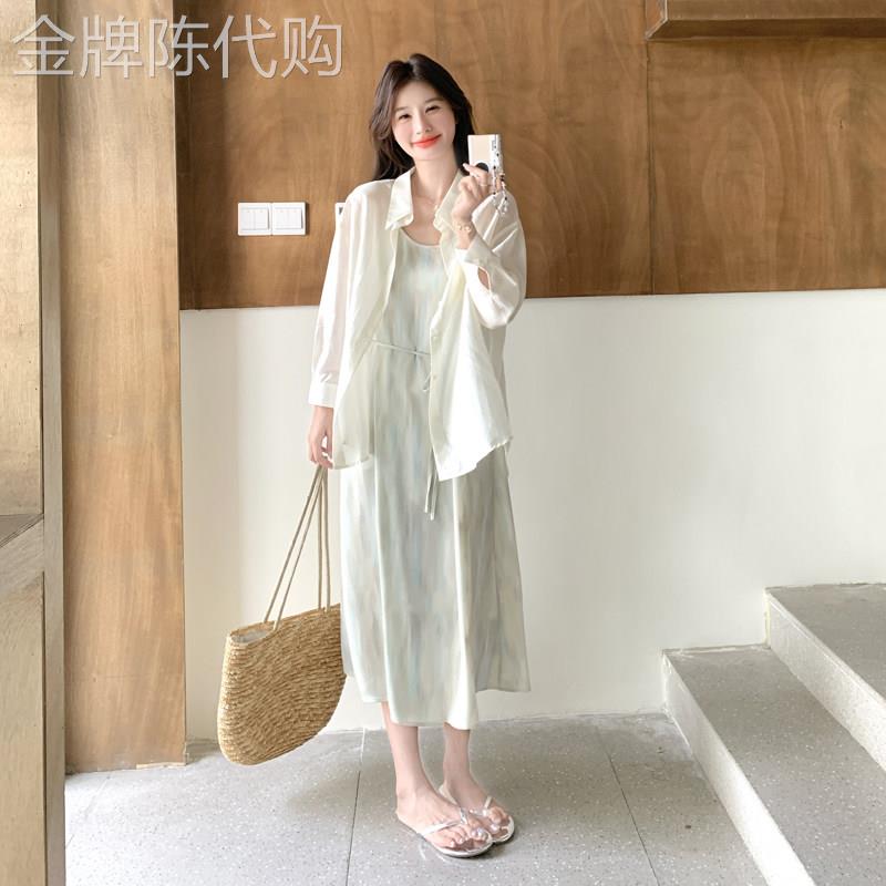 清冷松弛感晕染吊带洋装套装女2026夏季轻薄开叉衬衫长裙两件套