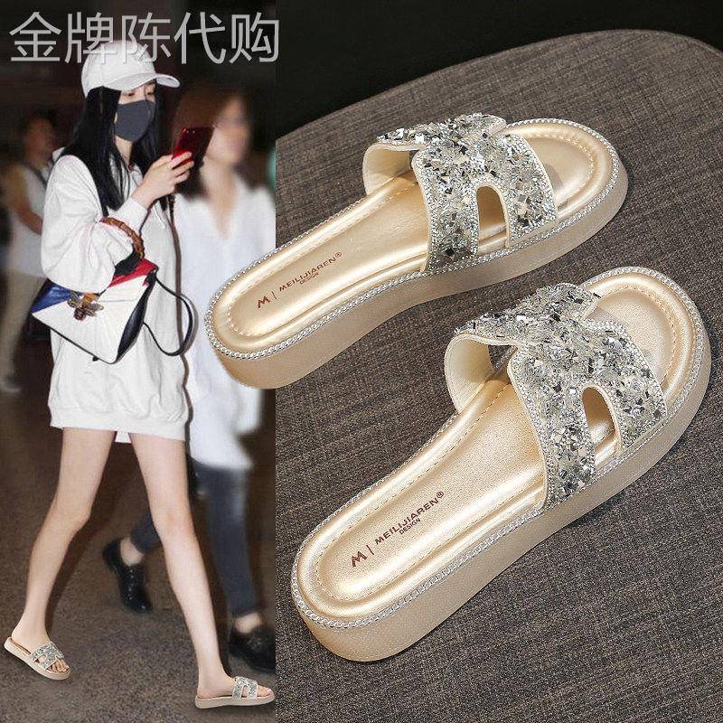 香港真皮厚底凉拖鞋女外穿夏2026新款一脚蹬亮片水钻沙滩一字拖鞋
