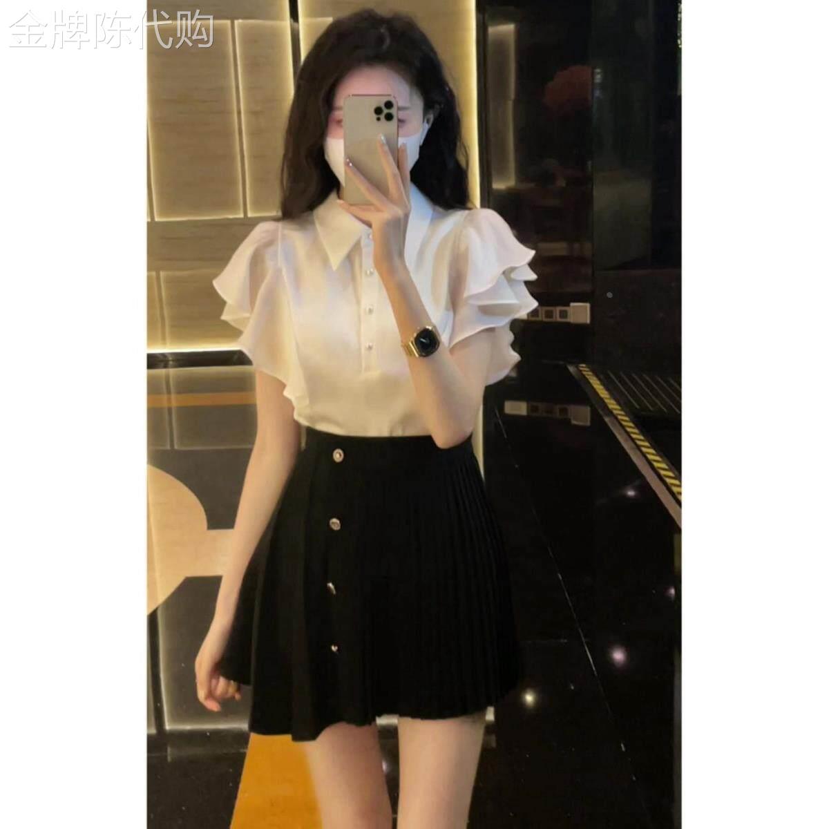 小个子轻熟风穿搭荷叶边衬衣女夏装时尚洋气Polo领小飞袖衬衫上衣
