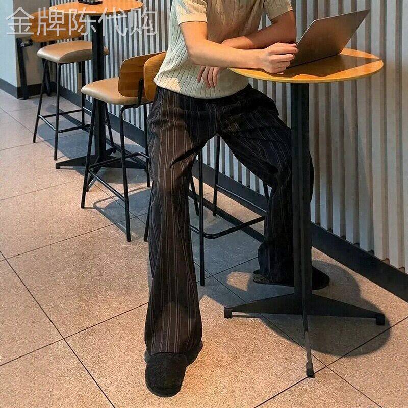 潮牌老钱风条纹微喇西裤男士夏季薄款直筒裤宽松透气百搭休闲长裤