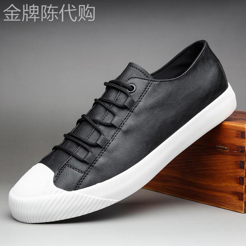 潮牌真皮白底黑面男鞋新款休闲系带低帮板鞋韩版百搭潮流英伦潮鞋