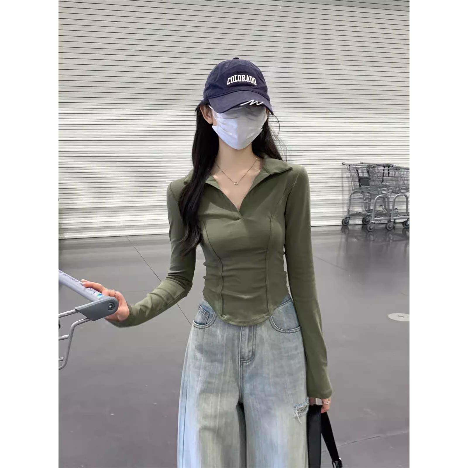 polo领设计感2025早秋新款小衫设计感长袖T恤女短款鱼骨上衣显瘦