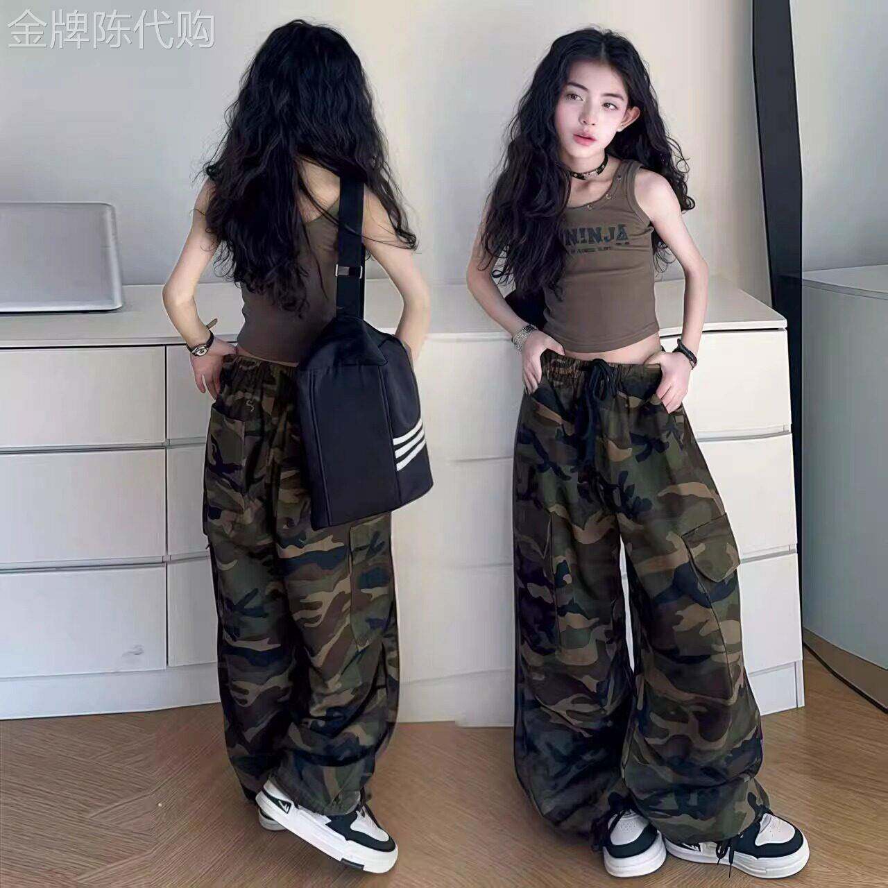 法国Uamtor夏日美式复古hiphop潮牌迷彩工装裤显瘦裤子女童夏