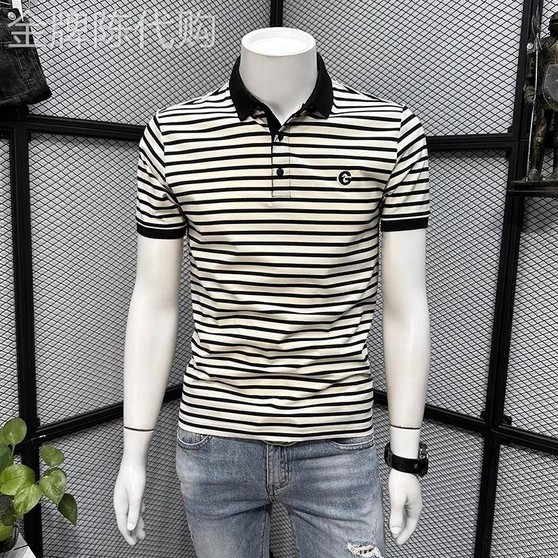 潮牌条纹POLO衫男短袖t恤夏季新款休闲高端韩版百搭修身半袖上衣