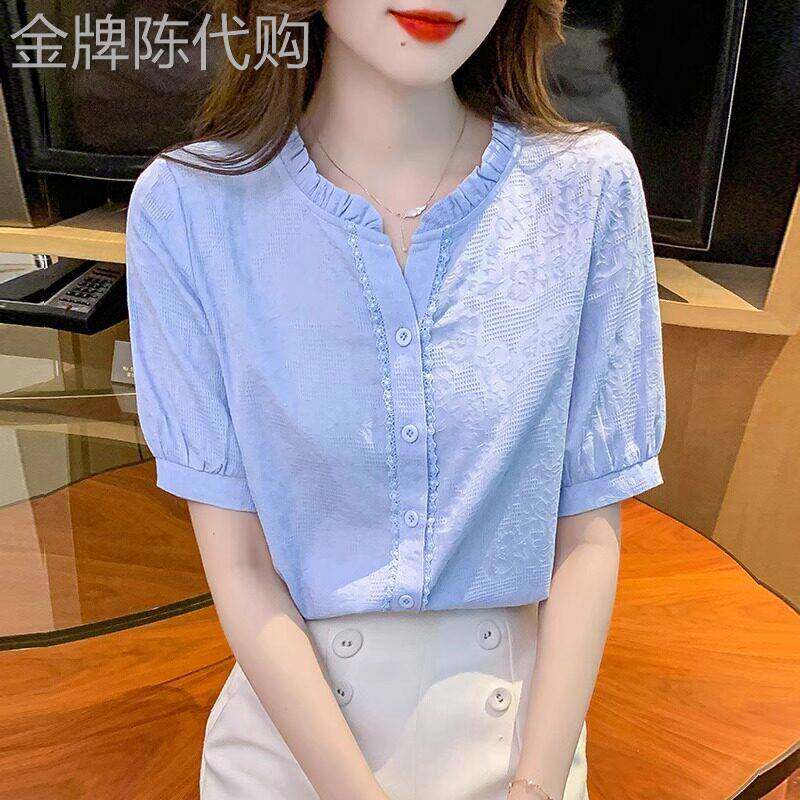法式薄款立领木耳边衬衫女2025年夏季新款宽松百搭短袖小衫上衣