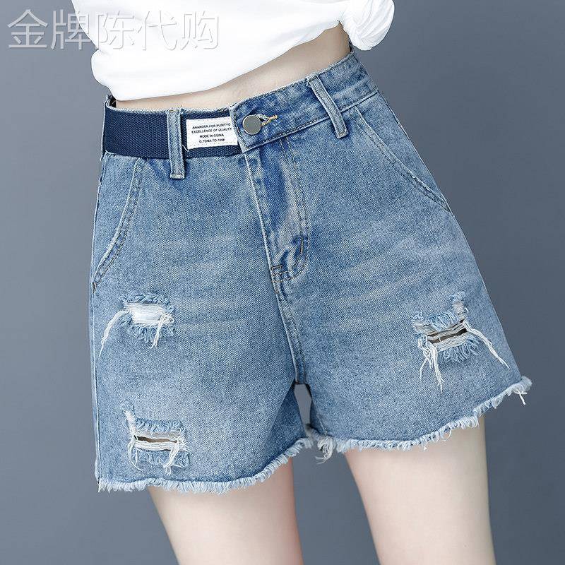 韩国破洞牛仔短裤女外穿夏装高腰显瘦设计感a字毛边阔腿热裤潮ins