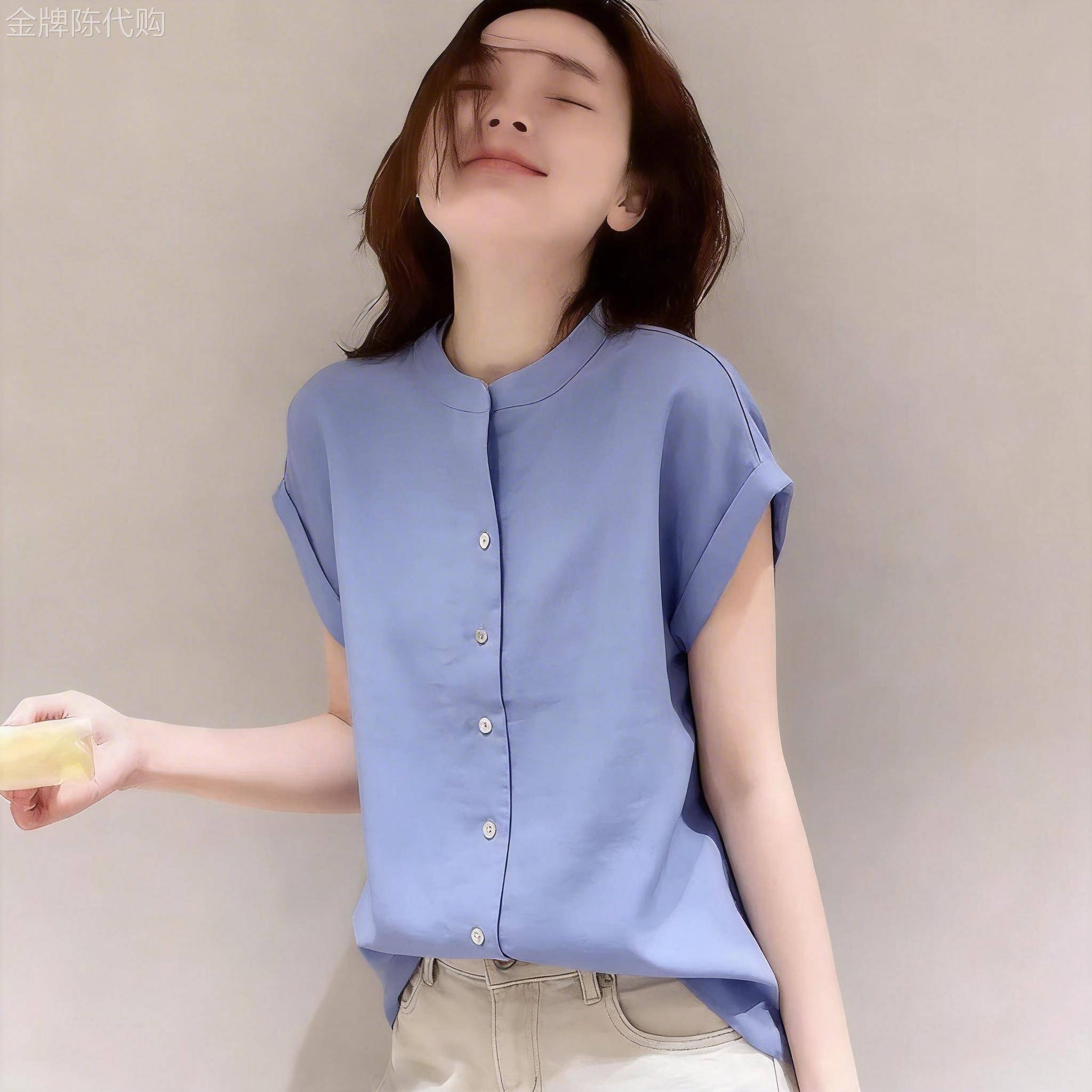 韩国法式高端立领衬衫女夏季薄款复古休闲短袖无袖衬衫宽松上衣潮