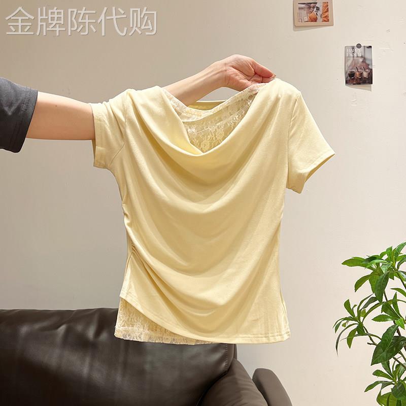 蕾丝拼接假两件垂折领露肩短袖T恤女夏季新款薄款时尚褶皱显瘦上