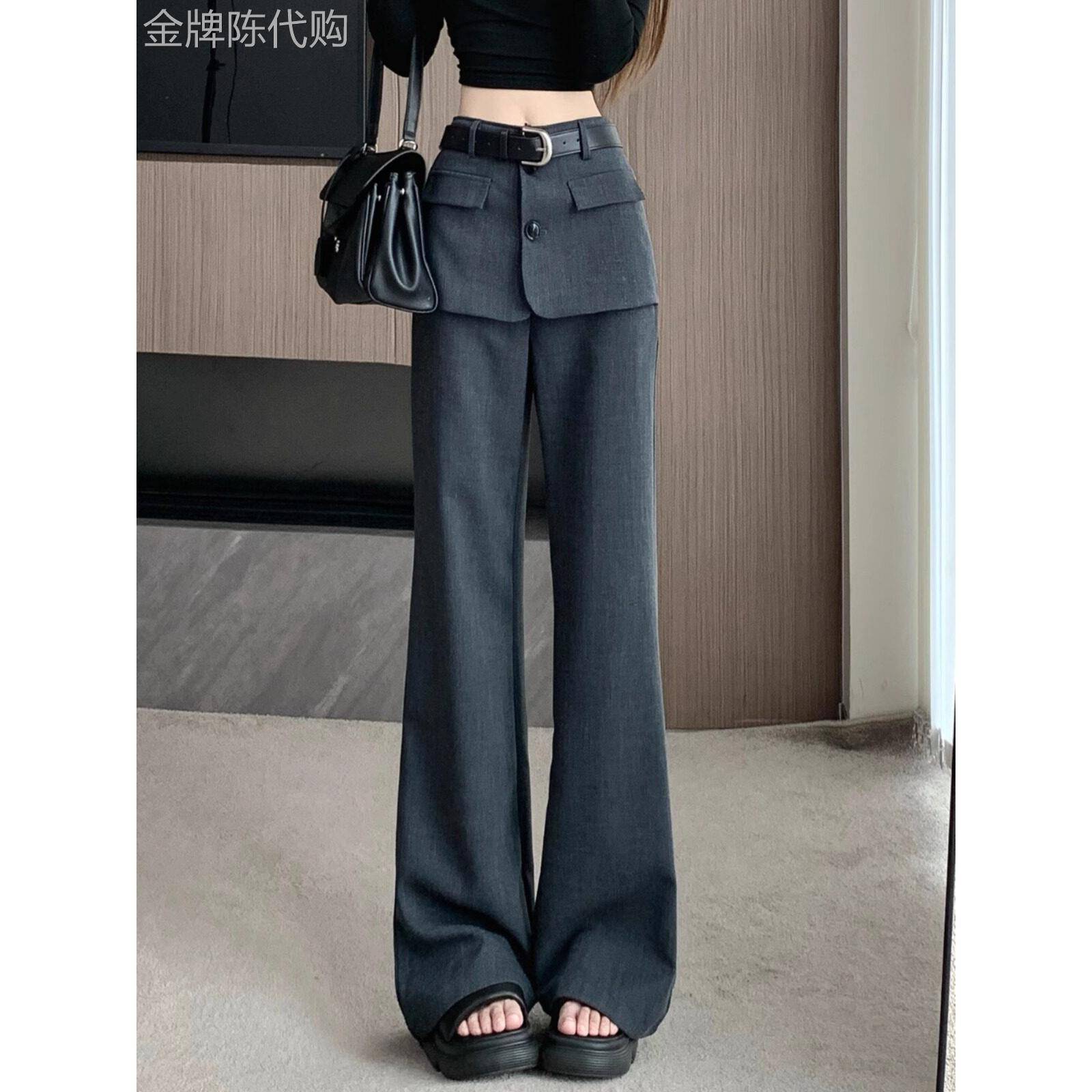 灰色西装阔腿裤女士春季和秋季2025新时尚设计套裤高腰修身休闲及