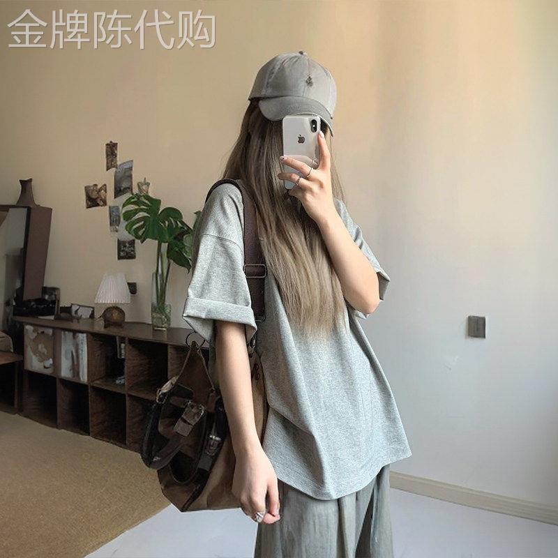 灰色纯棉短袖t恤女2026新款夏季慵懒风松弛感穿搭半袖纯色上衣女