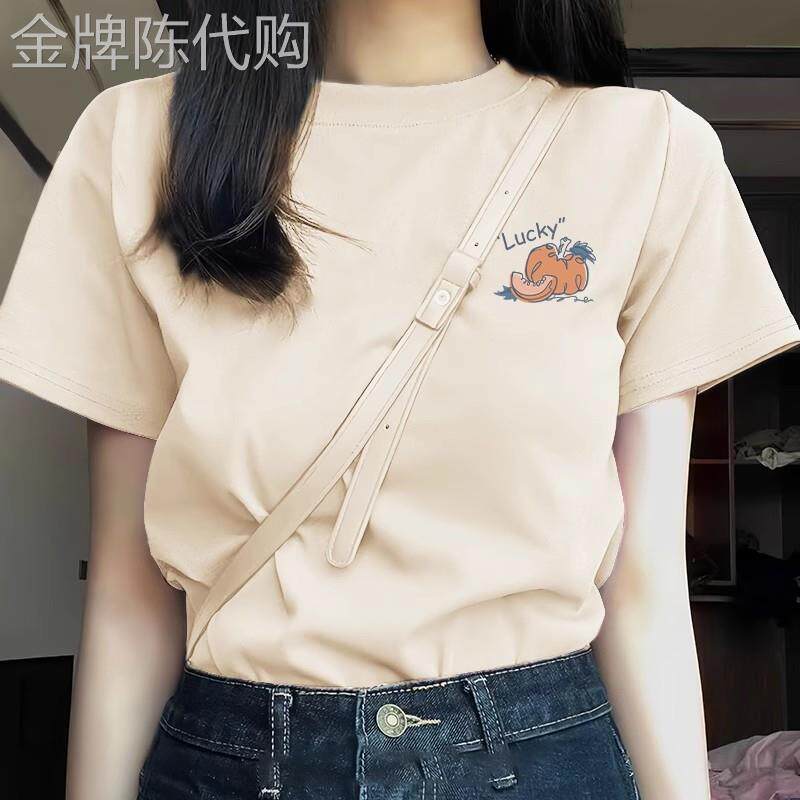 奶杏色正肩短袖t恤女2026新款爆款夏季纯棉小众独特别致半袖上衣