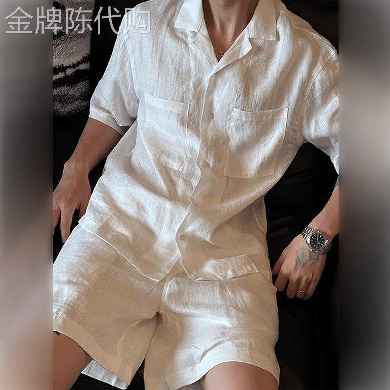 慵懒风原色亚麻套装男夏季透气排汗古巴领短袖衬衣居家外出两件套