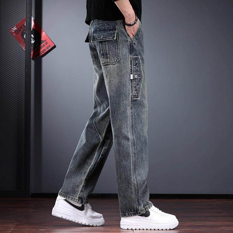 高端秋冬新款痞帅工装牛仔裤男潮牌宽松直筒美式复古水洗休闲裤男