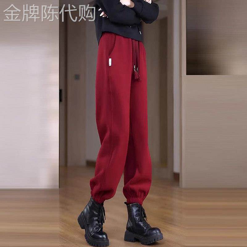 酒红色卫裤女春秋新款欧货爆款加绒加厚运动裤宽松显瘦休闲束口裤