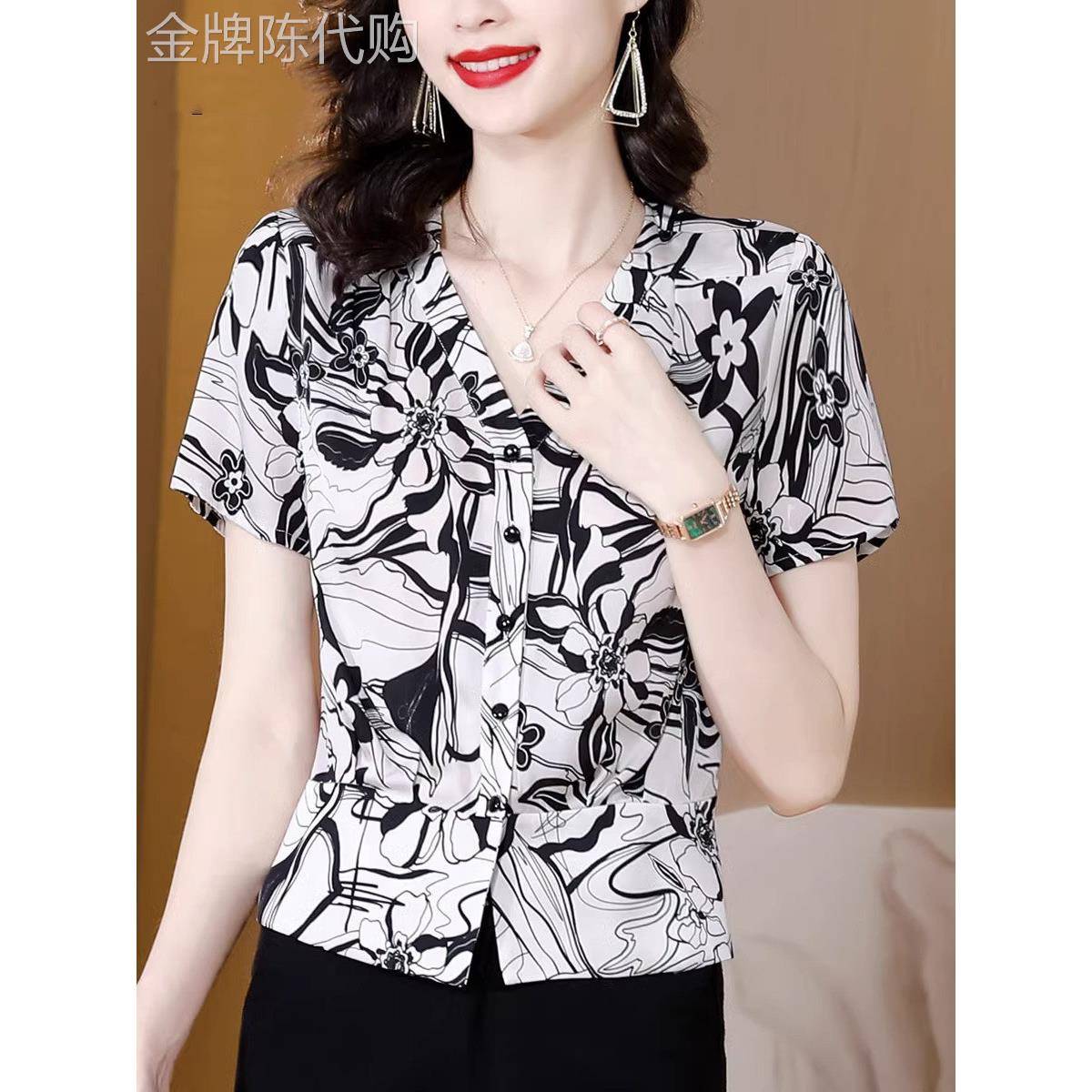 雪纺衫女短袖衬衫气质夏季2026新款收腰显瘦短款V领碎花T恤女上衣