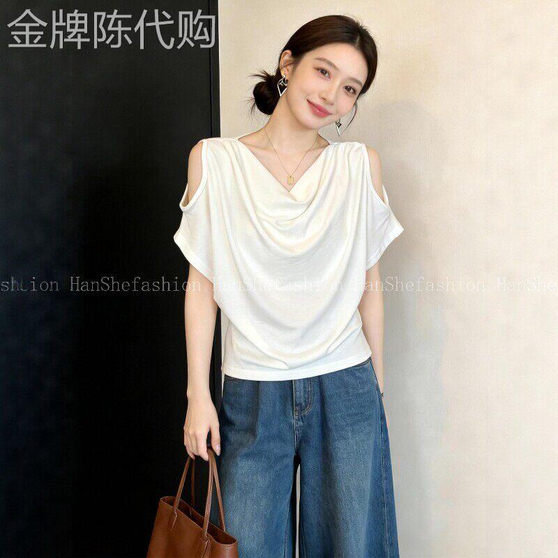 垂折领短袖t恤女夏季薄款2026新款宽松显瘦设计感露肩半袖T恤上衣