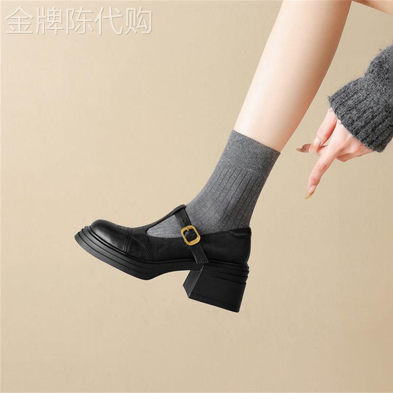 复古粗跟玛丽珍鞋女春秋季圆头T带搭扣厚底乐福鞋通勤休闲小皮鞋