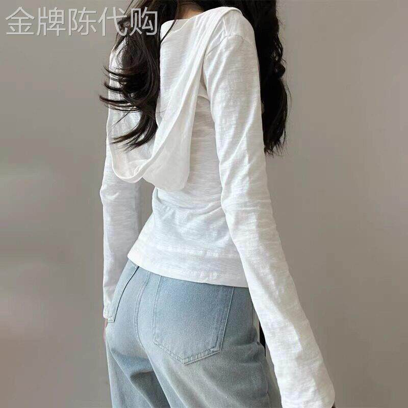 白色连帽长袖t恤女夏季薄款2026新款修身显瘦设计感防晒罩衫上衣